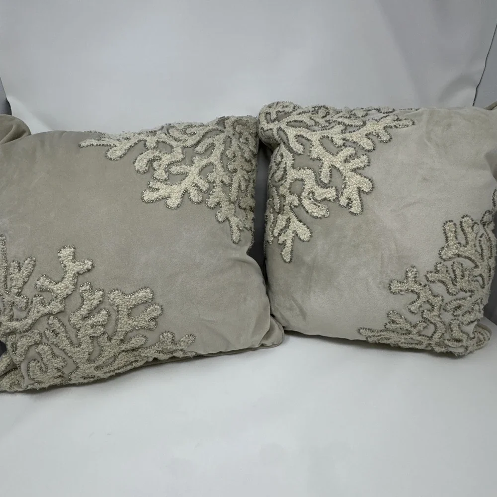 2 Pier 1 Coral Reef Beaded Throw Pillows gray ivory beach coastal nautical ocean